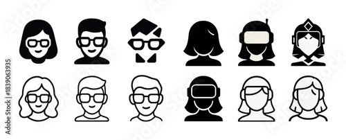Diverse icon set: male and female faces with various tech accessories