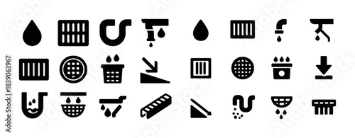 Drainage system icons collection: pipes, grates, water flow symbols