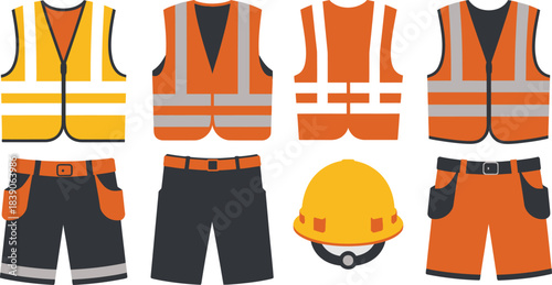 Construction Worker Apparel Set Vests, Shorts, and Hard Hat, Safety Gear Clipart