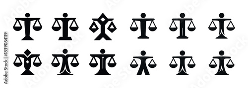 Diverse abstract justice symbols in black and white