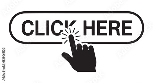 Click here button. Vector web call to action sign with clicking hand cursor icon.
