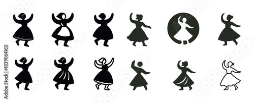 Silhouette dance poses of women in traditional dresses