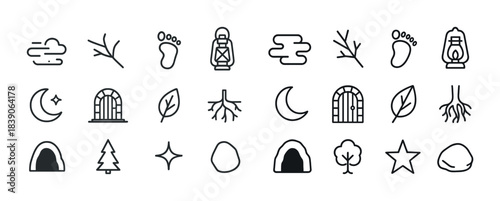 Nature and primitive icon set: trees, leaves, roots, lantern, moon