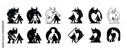 Silhouettes of human figures facing mythical creatures in bold black and white art