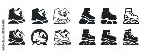 Silhouette icons of hiking boots and mountain climbers