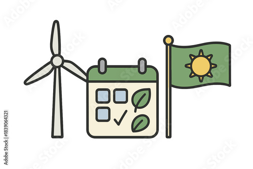 Renewable energy planning icons featuring wind turbine and nature symbols