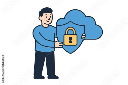 Man holding security shield with padlock icon protecting digital data