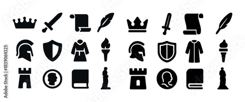 Collection of historical symbols: crown, sword, scroll, helmet, shield, torch icons