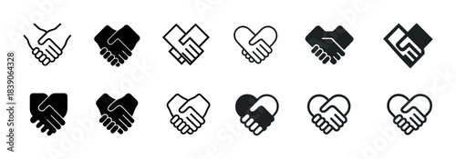 Different styles of handshake icons representing unity and cooperation
