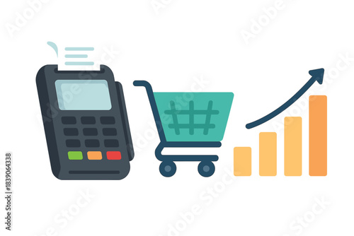 Point of sale terminal shopping cart and rising sales chart concept
