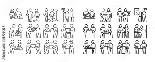 Stick figures illustrating various office and teamwork activities in minimalist style