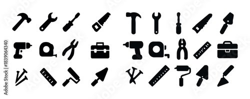 Tool silhouettes isolated on white: hammer, wrench, pliers, drill, saw, trowel, toolbox