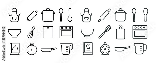 Kitchen utensil icons: apron, pot, spoon, whisk, timer, measuring cup