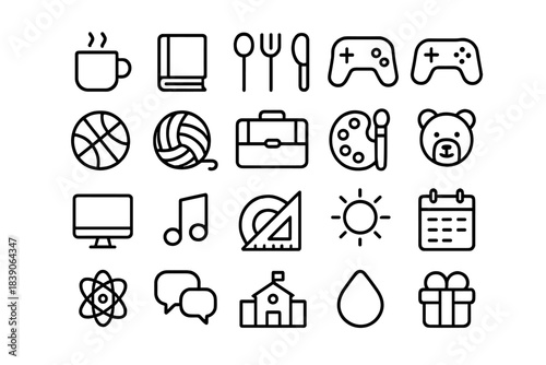 Outline icons depicting various hobbies and educational concepts
