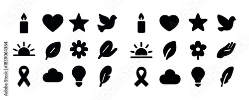 Set of 24 black silhouette icons: nature, objects, symbols