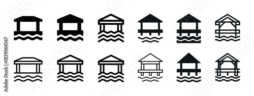 Set of twelve unique pier icon designs with waves in black and white
