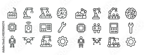 Industrial automation icons featuring robotics, ai, and engineering tools