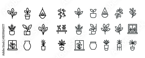 Minimalistic plant icons: simple line art of potted plants and nature designs