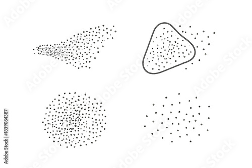 Abstract particle distribution patterns with scattered dots and boundary shapes