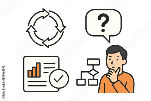 Business process icons featuring thinking person and workflow elements