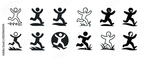 Collection of simple black and white running stick figures