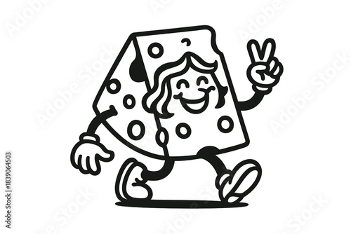 Cheerful Swiss Cheese Mascot Walking and Displaying Peace Gesture