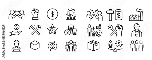 Linear business icons: industry, finance, teamwork, trade symbols