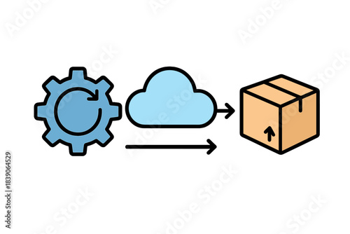 Cloud processing workflow with gear and shipping box icons