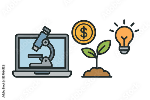 Icons representing science funding research and business innovation concepts