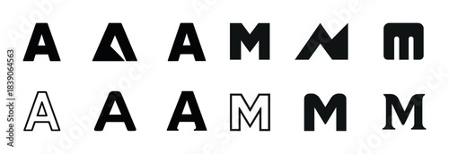 Collection of geometric letter a and m variations in black and white design