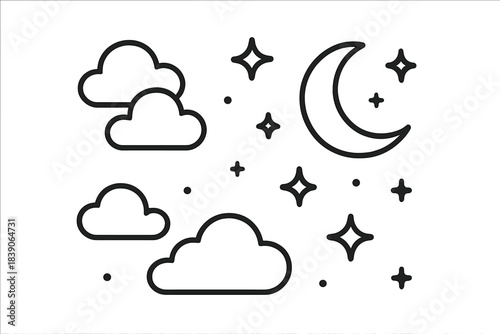 Minimalist outline icons of crescent moon clouds and stars for night sky