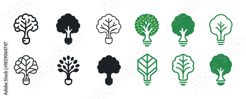 Tree and light bulb icon set representing eco-friendly energy concepts