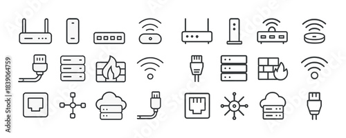Network and connectivity icons: routers, wi-fi, clouds, cables, firewalls