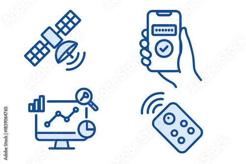Technology and data analysis line icons for digital communication systems
