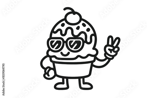 Cartoon cupcake character wearing sunglasses making peace sign