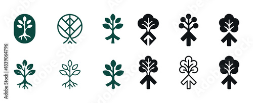Collection of tree and plant icons in various geometric designs