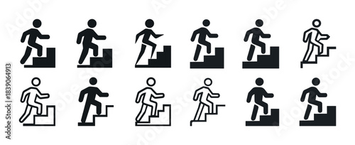 Silhouettes and line art of figures ascending stairs in various styles