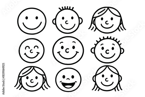Set of nine simple black and white happy face icons with varied expressions