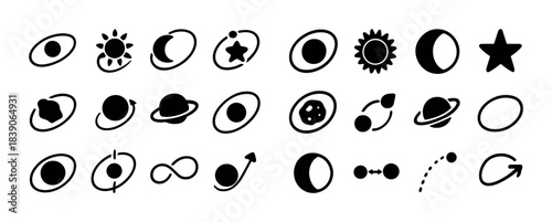 Space-themed icon set: planets, stars, moons, orbits in black