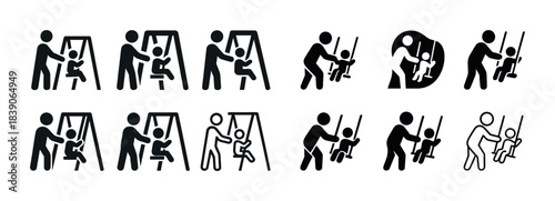 Icon set of people using swing sets - simple black and white designs