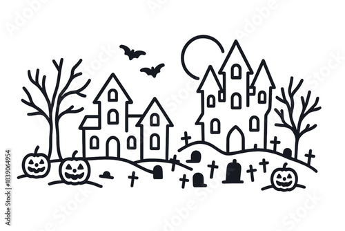 Haunted house scene with pumpkins bats and graveyard silhouette