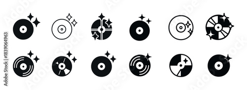 Set of vinyl record icons with sparkle effect