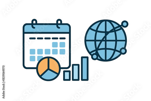 Modern icons for worldwide business data analysis and scheduling tasks