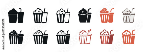 Set of popcorn and soda icons in various styles and colors
