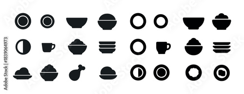 Silhouette icons of plates, bowls, cups, and food items in minimalist style