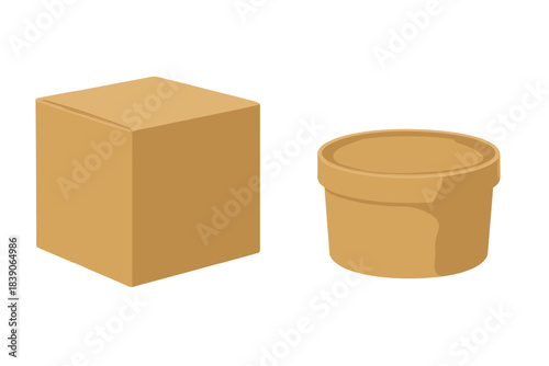 Blank brown cardboard packaging box and round food container mockup