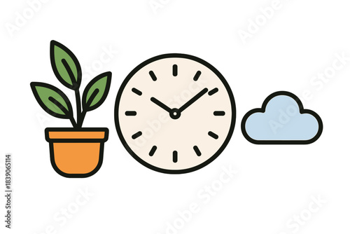 Potted plant clock and cloud icons representing time and weather concepts