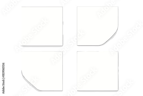 Four blank square sticky notes with curled corners for design mockup