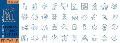 Business strategy and planning solid icon set featuring leadership, analytics, mission, vision, roadmap, goal setting, growth, success, teamwork, project management, and risk control. Fully Editable.