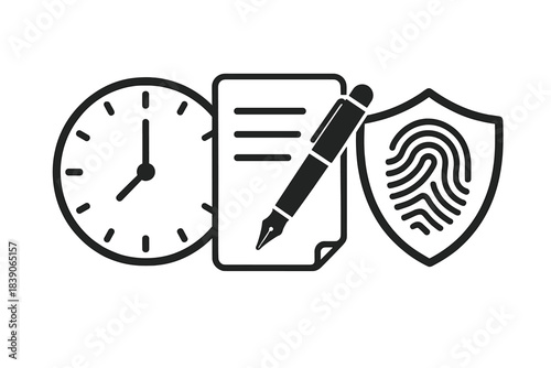 Digital contract signing and biometric authentication security concept icons